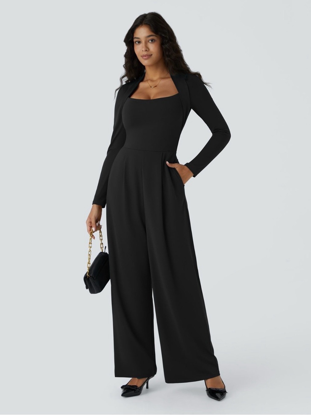 Halara Easy Peezy Black Long-Sleeve Wide-Leg Jumpsuit